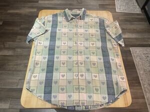 Vtg Rachel Brooke Heart Patchwork Gingham Woven Cotton Button Down Camp Shirt 1X
